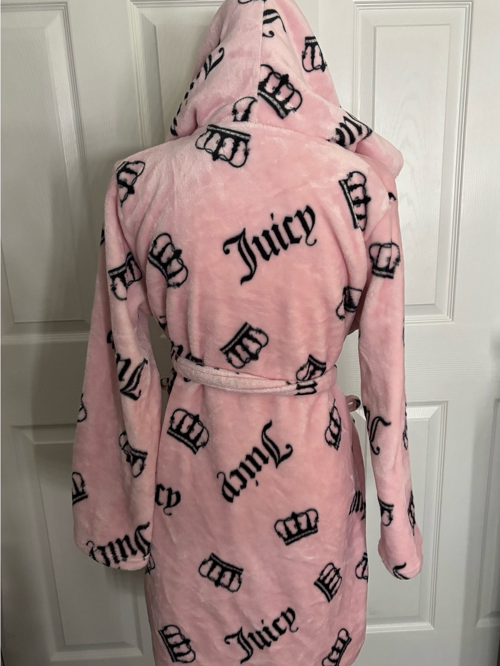 Juicy Couture Pink Fleece Hooded Logo Crown Tie Belt Bathrobe Robe S/M - Picture 3 of 5